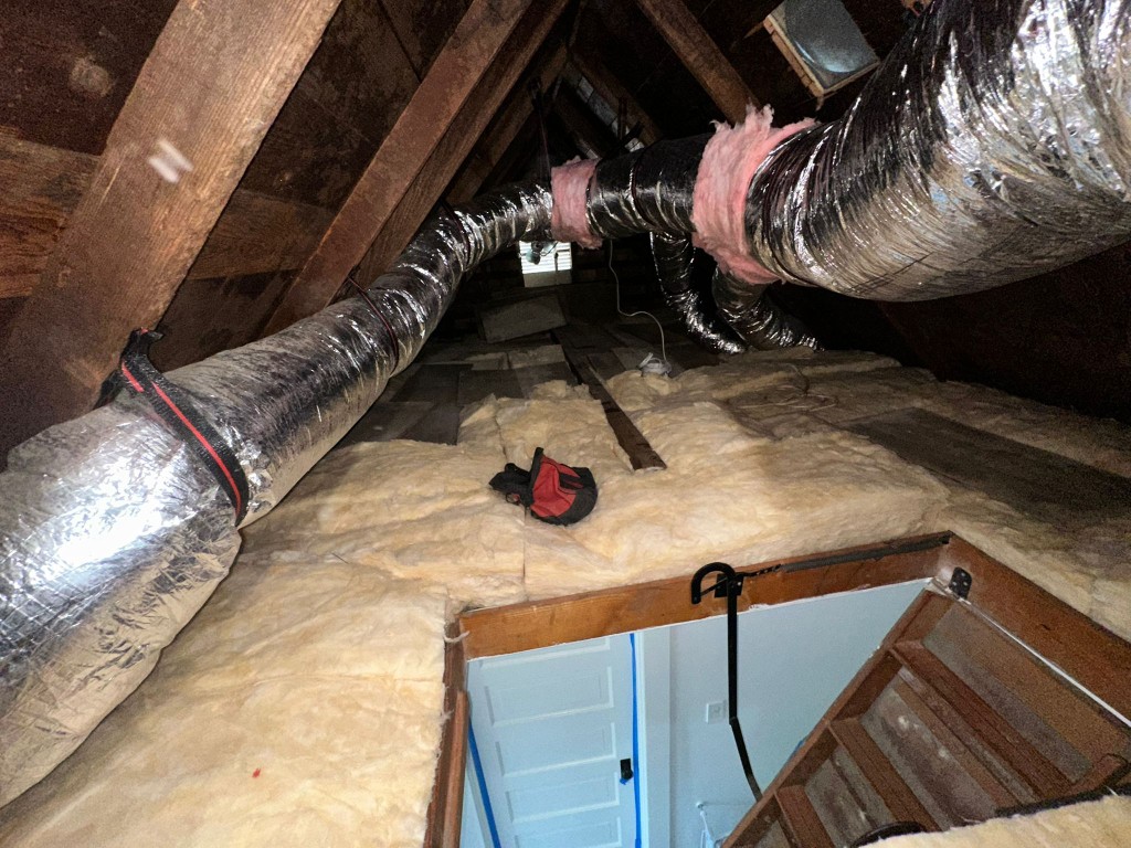 Los Angeles attic before Pure Eco cleaning — contaminated insulation and debris