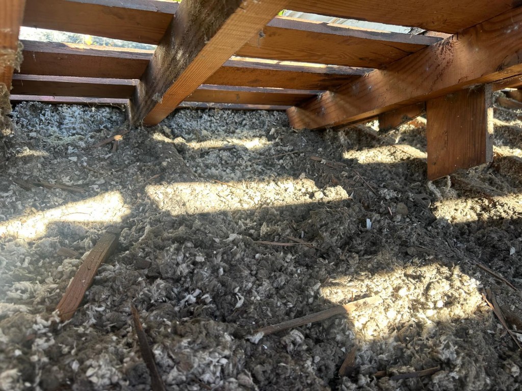 Los Angeles attic before Pure Eco cleaning — contaminated insulation and debris