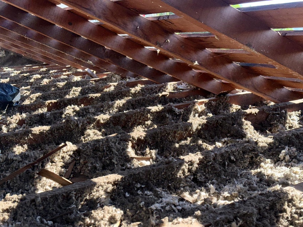 Los Angeles attic before Pure Eco cleaning — contaminated insulation and debris