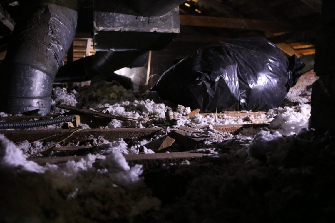Los Angeles attic before Pure Eco cleaning — contaminated insulation and debris