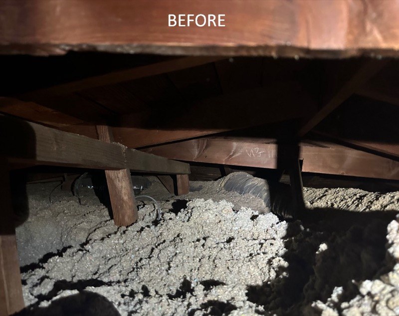 Los Angeles attic before Pure Eco cleaning — contaminated insulation and debris