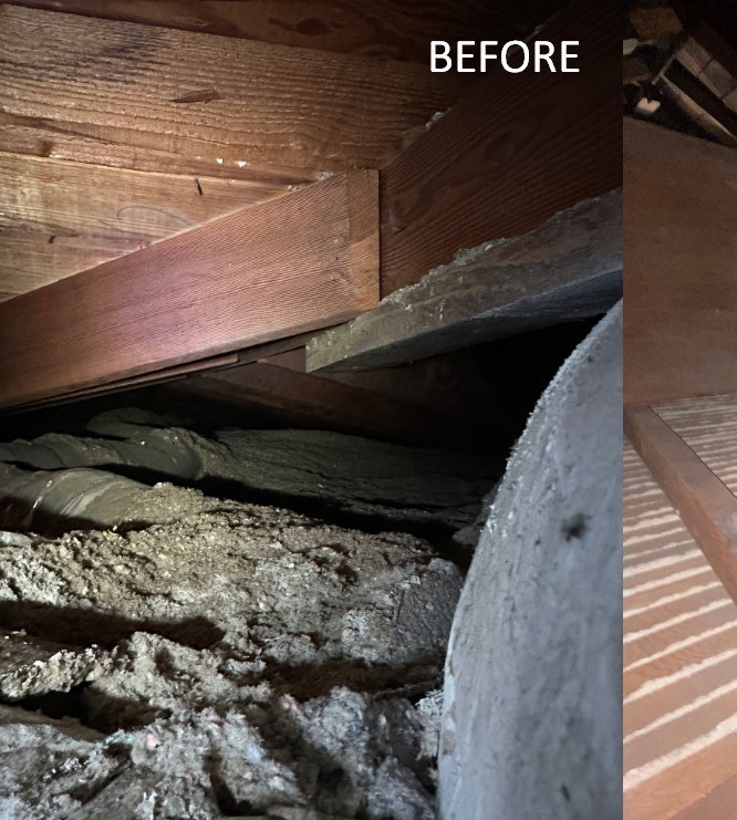 Los Angeles attic before Pure Eco cleaning — contaminated insulation and debris