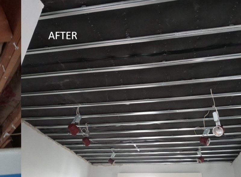 Mass-loaded vinyl and resilient channel soundproofing installed