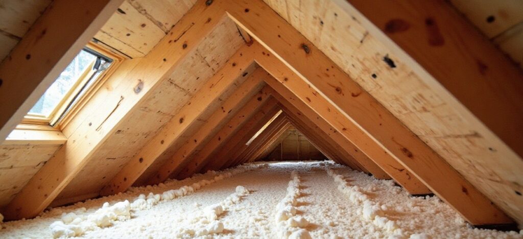 Blown-in cellulose insulation covering attic floor in LA