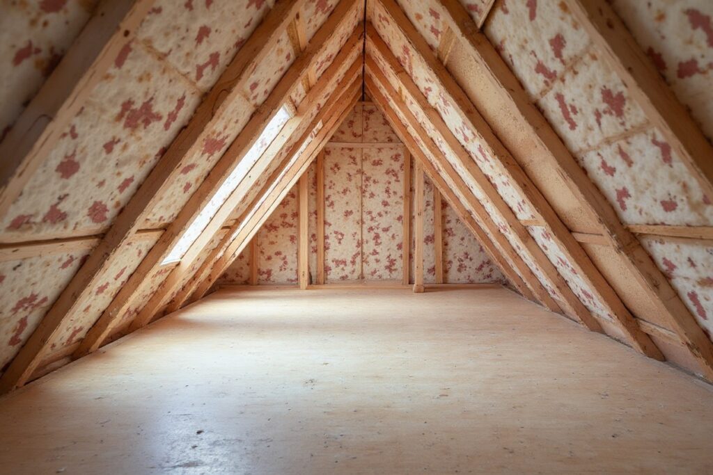Pure Eco technician installing fiberglass insulation in Sherman Oaks attic for improved energy efficiency