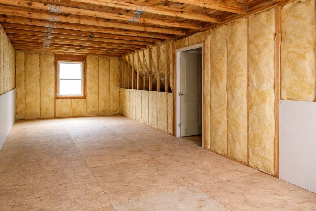 Finished attic space in a Santa Clarita home with newly installed fiberglass insulation