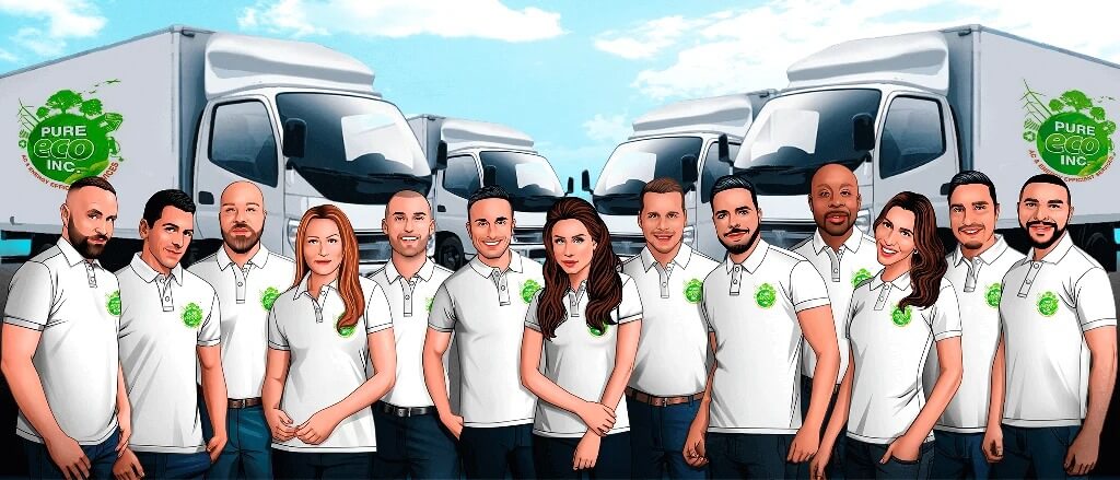 Pure Eco Inc team standing in front of service trucks representing licensed energy efficiency professionals in Los Angeles