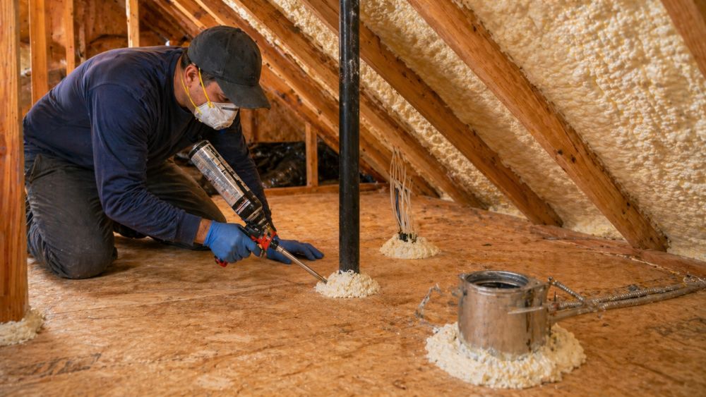 Air sealing service in Burbank, CA by Pure Eco shows a technician sealing gaps around attic penetrations using foam sealant to stop air leaks. The attic structure includes exposed beams, wiring, and insulation with visible sealed areas that improve energy efficiency. This process helps reduce heat loss, stabilize indoor temperature, and improve air quality in the home. Pure Eco provides air sealing services across Burbank with clean work and code-compliant methods. Call (877) 870-7998 to schedule an attic inspection.