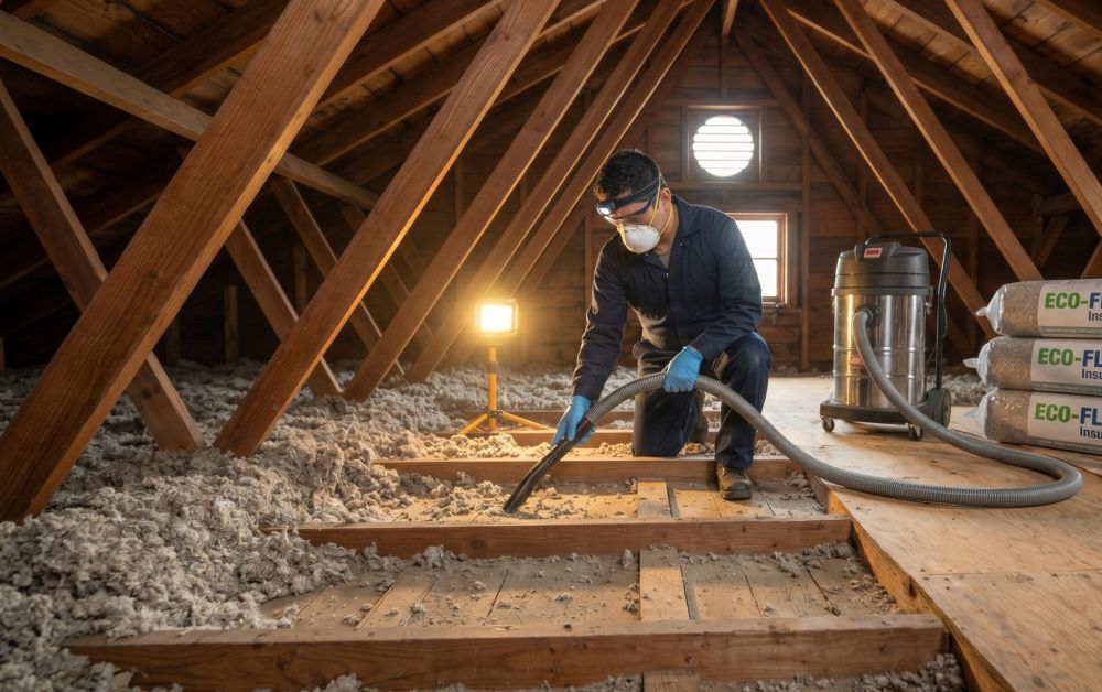 This image shows attic cleaning in Pasadena, CA by Pure Eco Inc with a technician removing old insulation, dust, and debris from a residential attic. The worker uses professional vacuum equipment to clear contaminated materials and improve the attic environment. The attic structure includes exposed wooden beams and rafters with sections of the floor cleaned and cleared. This service helps reduce allergens, improve indoor air quality, and prepare the attic for new insulation. Pure Eco Inc provides attic cleaning services across Pasadena with safe removal and proper disposal methods. Call (877) 870-7998 to schedule an attic inspection and cleaning service.