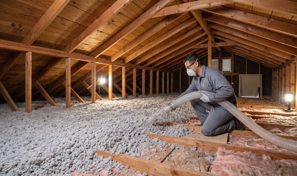 This image shows attic insulation services in Pasadena, CA by Pure Eco Inc with a technician installing blown-in insulation inside a residential attic. The worker uses a hose to apply loose-fill insulation across the attic floor, covering gaps between wooden joists and improving thermal performance. The attic structure includes exposed beams and roof decking with insulation evenly distributed for full coverage. This service helps reduce energy loss, stabilize indoor temperature, and improve home comfort. Pure Eco Inc provides attic insulation services across Pasadena with proper installation methods and clean work areas. Call (877) 870-7998 to schedule an attic inspection and insulation service.