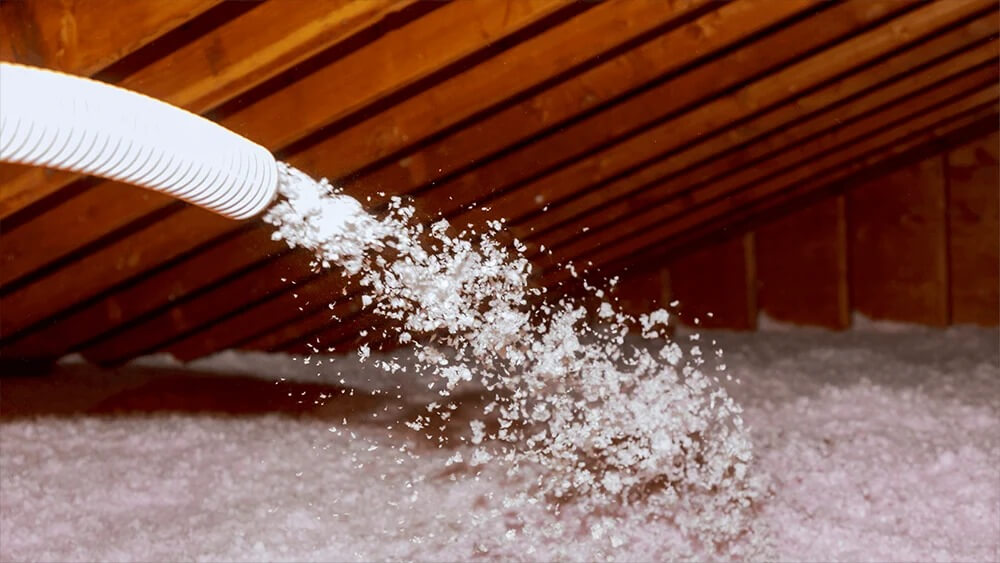 Technician installing blown-in insulation in a Burbank, CA attic using a flexible hose, spreading white loose-fill material evenly across the attic floor between wooden beams to improve energy efficiency, indoor comfort, and meet insulation standards.