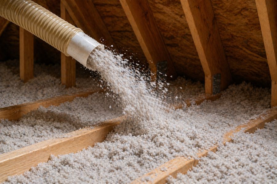 This image shows blown-in insulation in Pasadena, CA by Pure Eco Inc with a close-up view of insulation being applied through a hose. The loose-fill material spreads across the attic floor and fills small gaps between structural elements. The attic includes visible wood framing and insulation texture during application. This process helps reduce air gaps and improves insulation performance in Pasadena homes. Pure Eco Inc provides attic insulation services with proper installation methods and attention to detail. Call (877) 870-7998 to schedule insulation service in Pasadena.
