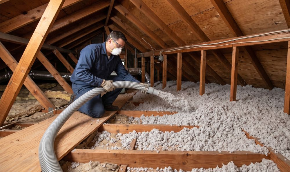 This image shows blown-in insulation in Pasadena, CA by Pure Eco Inc with a technician installing loose-fill insulation in an attic space. The worker uses a hose to distribute insulation evenly across the attic floor between wooden beams. The attic structure includes exposed framing and visible insulation layers that help reduce heat transfer. This service improves indoor temperature control and reduces energy loss in Pasadena homes. Pure Eco Inc provides attic insulation services across Pasadena with clean installation methods. Call (877) 870-7998 to schedule a home inspection and insulation service.