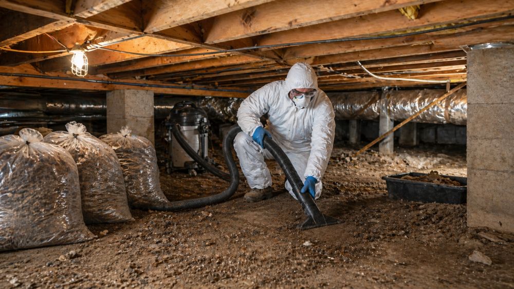 Crawl space cleaning service in Burbank, CA by Pure Eco shows a technician removing debris and contaminants from beneath a home. The crawl space has exposed wooden beams and cleared ground surface to improve airflow and indoor air quality. This service helps reduce dust, odors, and moisture issues that affect home comfort. Pure Eco provides crawl space cleaning across Burbank with safe and code-compliant methods. Call (877) 870-7998 to schedule a cleaning inspection.
