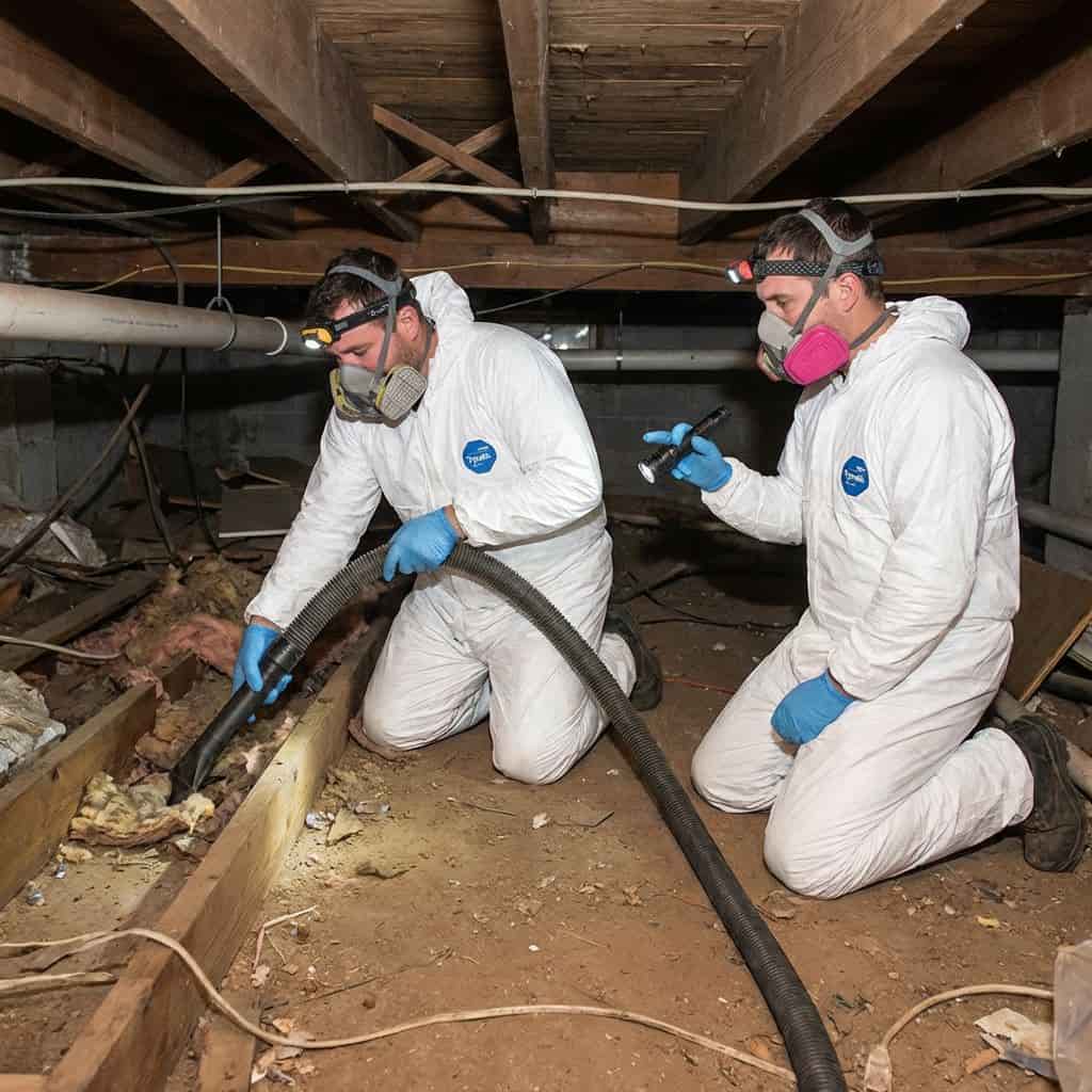 Two crawl space cleaning experts in protective suits vacuuming and inspecting under a house in Pasadena