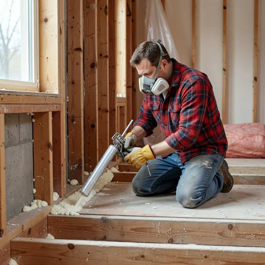 worker using spray foam insulation to seal wall plates and floor gaps during a home renovation in pasadena ca