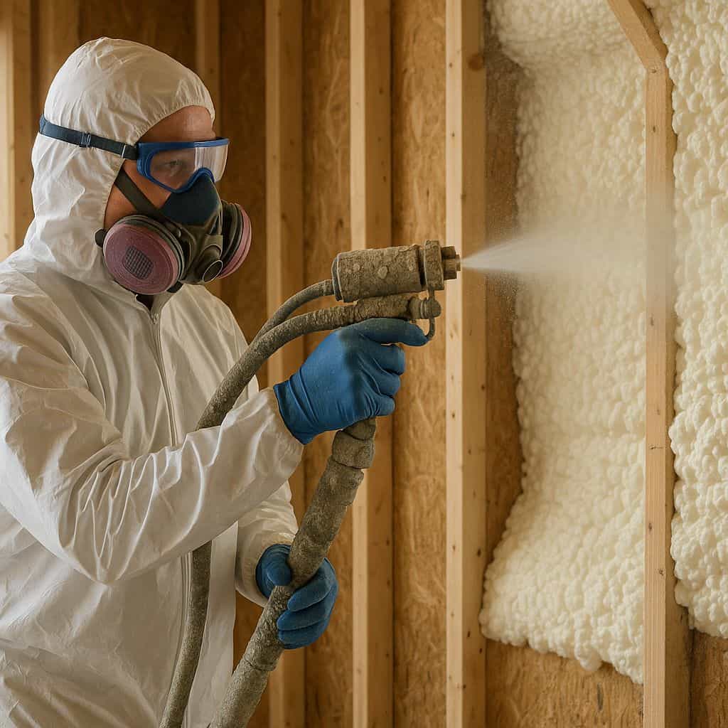 Professional contractor wearing protective gear applying spray foam insulation to a wooden wall frame in Pasadena California