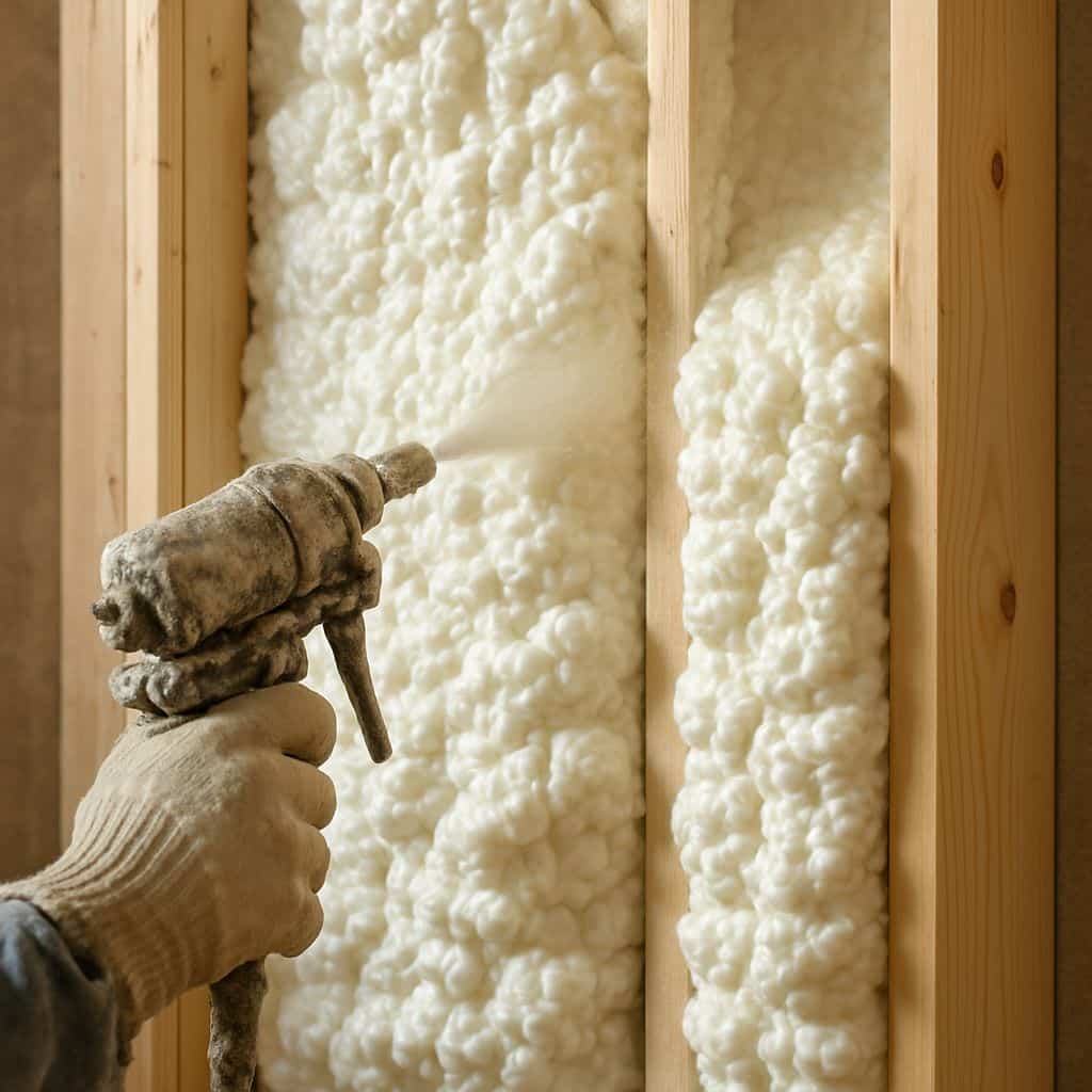 Close up view of a spray gun applying white foam insulation between wooden wall studs in a Pasadena home
