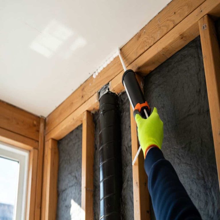 Technician applying caulk along wall and ceiling framing gap