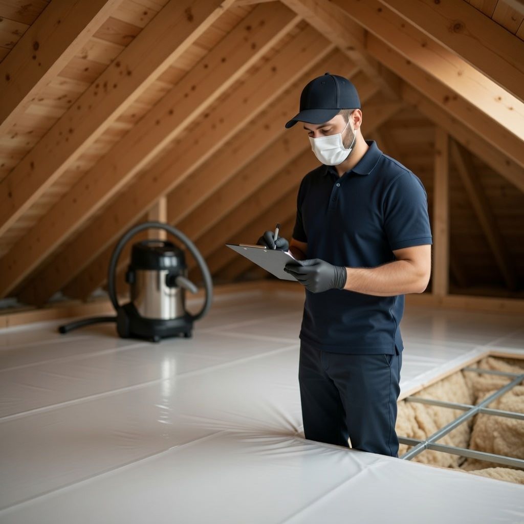 A masked technician in gloves writing on a clipboard inside a clean attic space