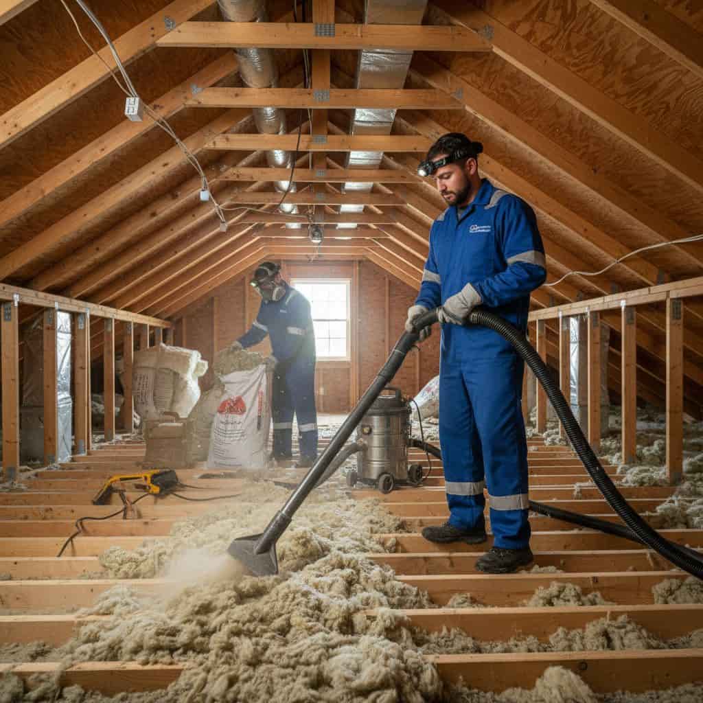 Two workers in blue coveralls removing old insulation material from a residential attic