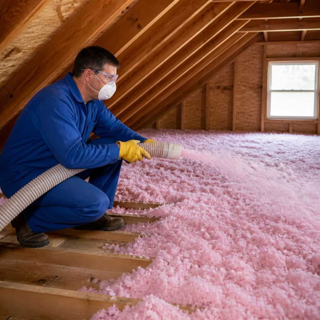 Installer kneeling in an attic, placing blown insulation with a flexible vacuum hose