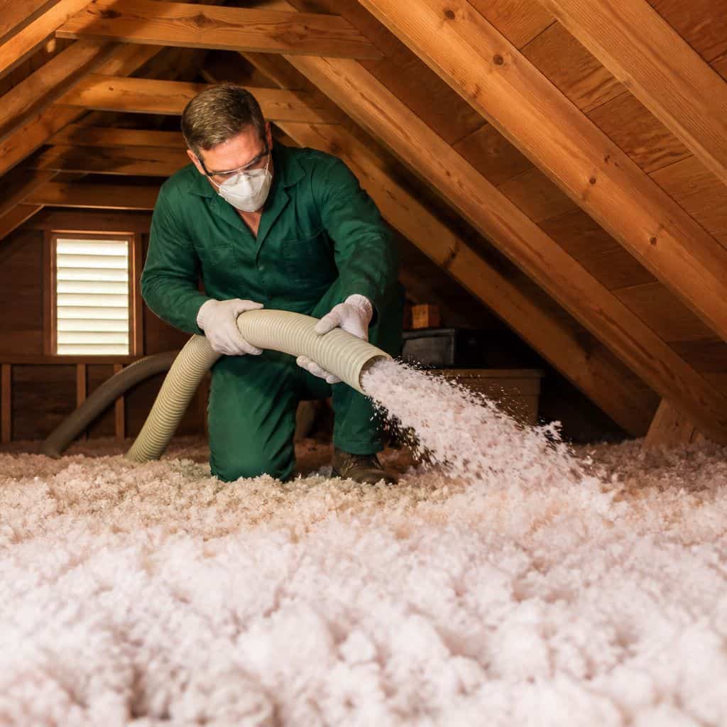 Technician using a hose to blow insulation into an attic between wooden beams