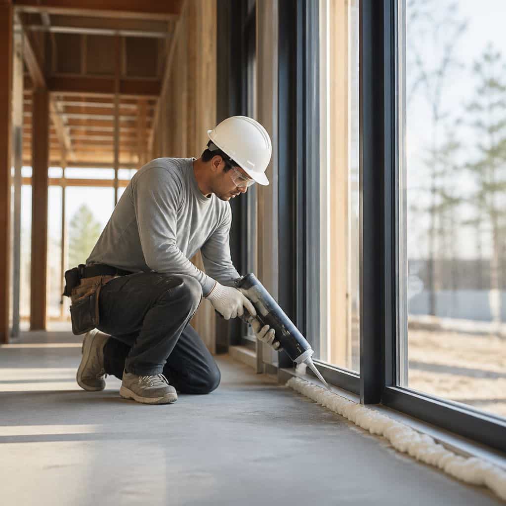 Contractor kneeling and applying caulk along the base of a large window frame
