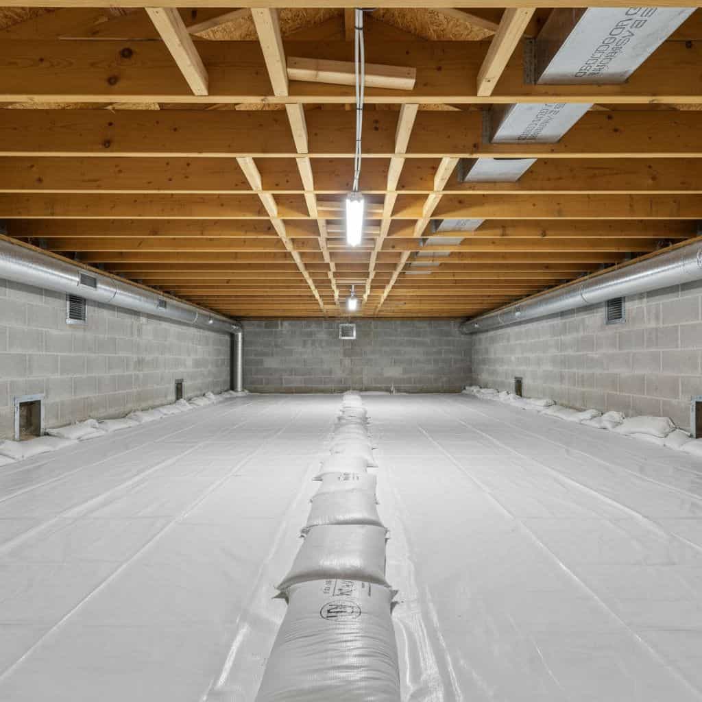 Fully encapsulated crawl space with white liner covering walls floor and steel support posts