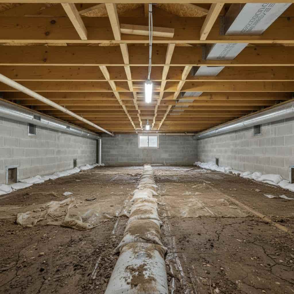 Uncleaned crawl space with exposed dirt floor and old pipe running through center