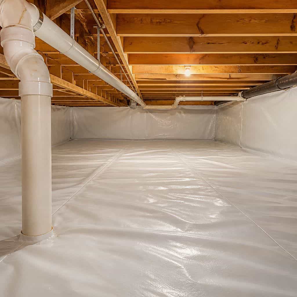 Crawl space with white vapor barrier, insulated ductwork, and bright overhead light under wood joists