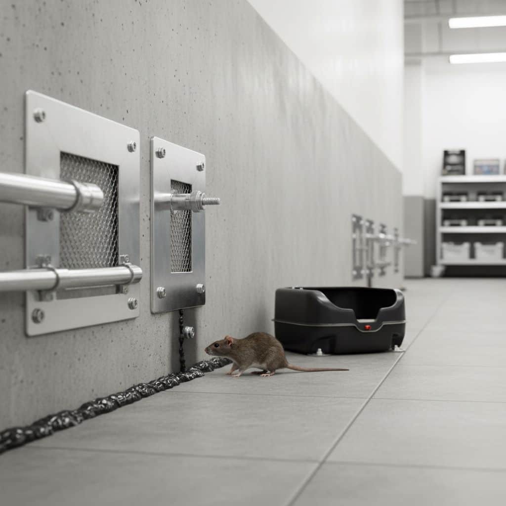 A rat standing near a metal mesh vent cover and a bait station on a concrete floor