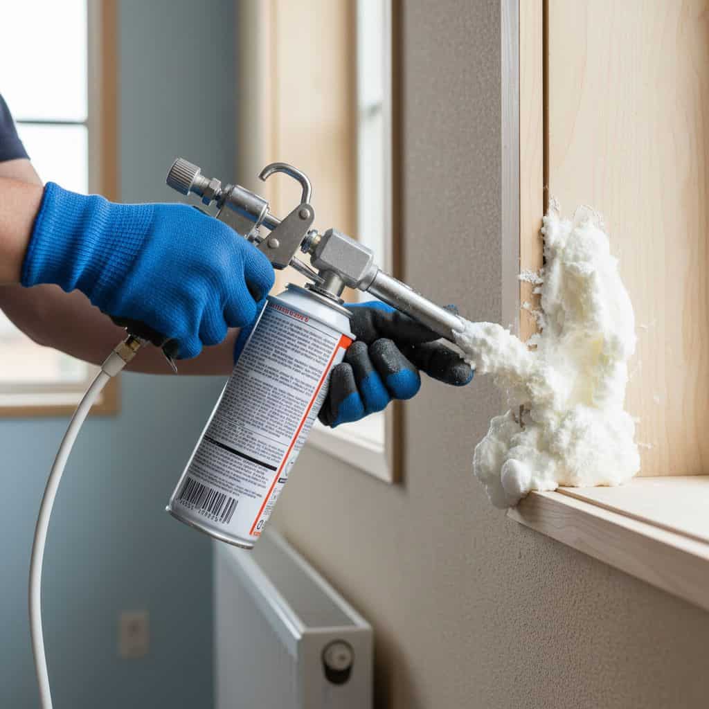 Gloved technician spraying expanding foam around a window frame gap