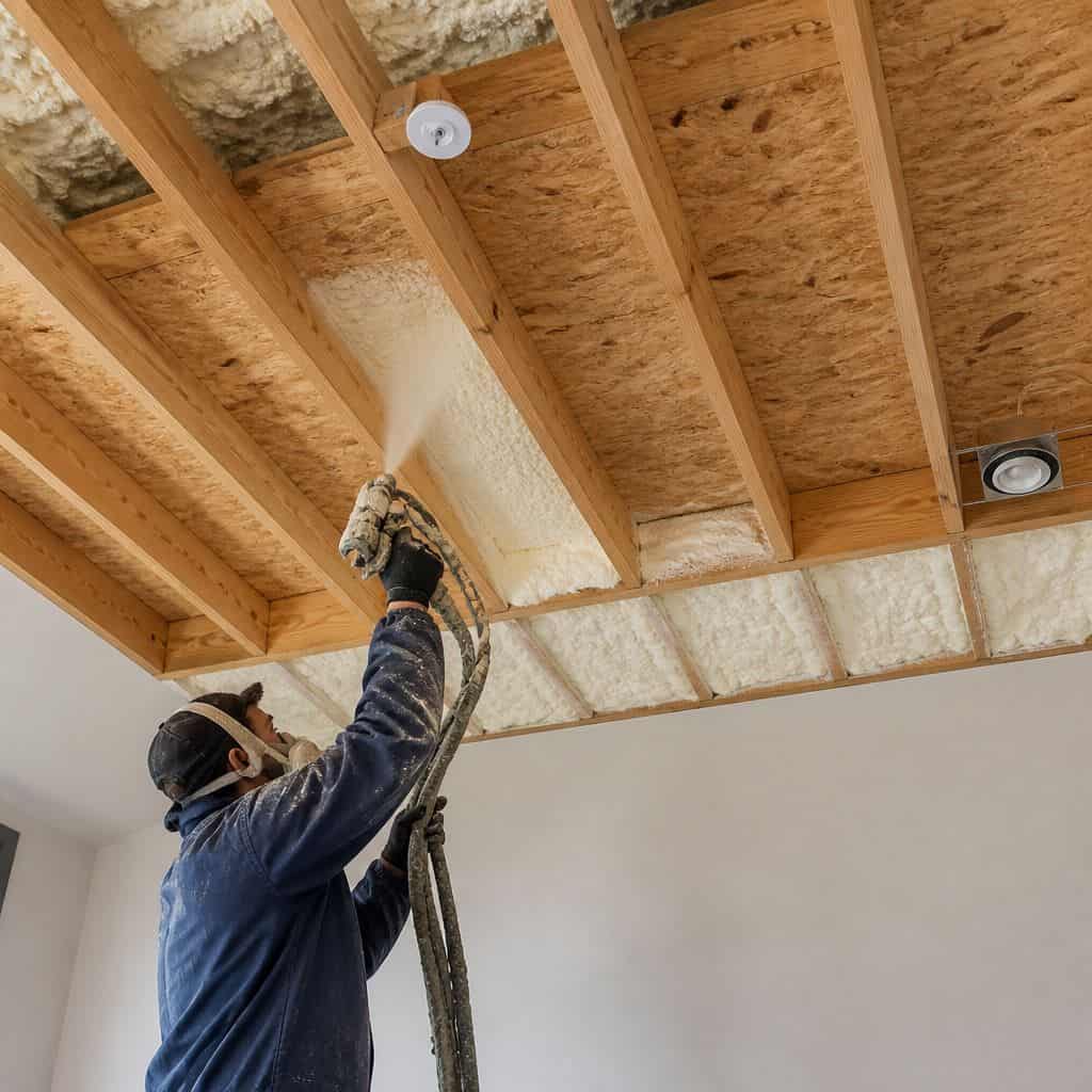 Worker spraying expanding foam between ceiling joists in attic