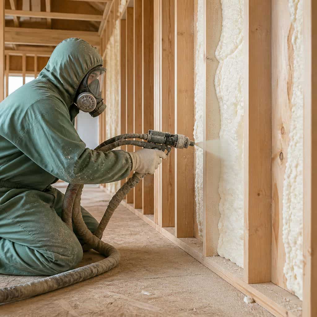 Technician wearing mask sprays foam insulation into wooden wall cavity