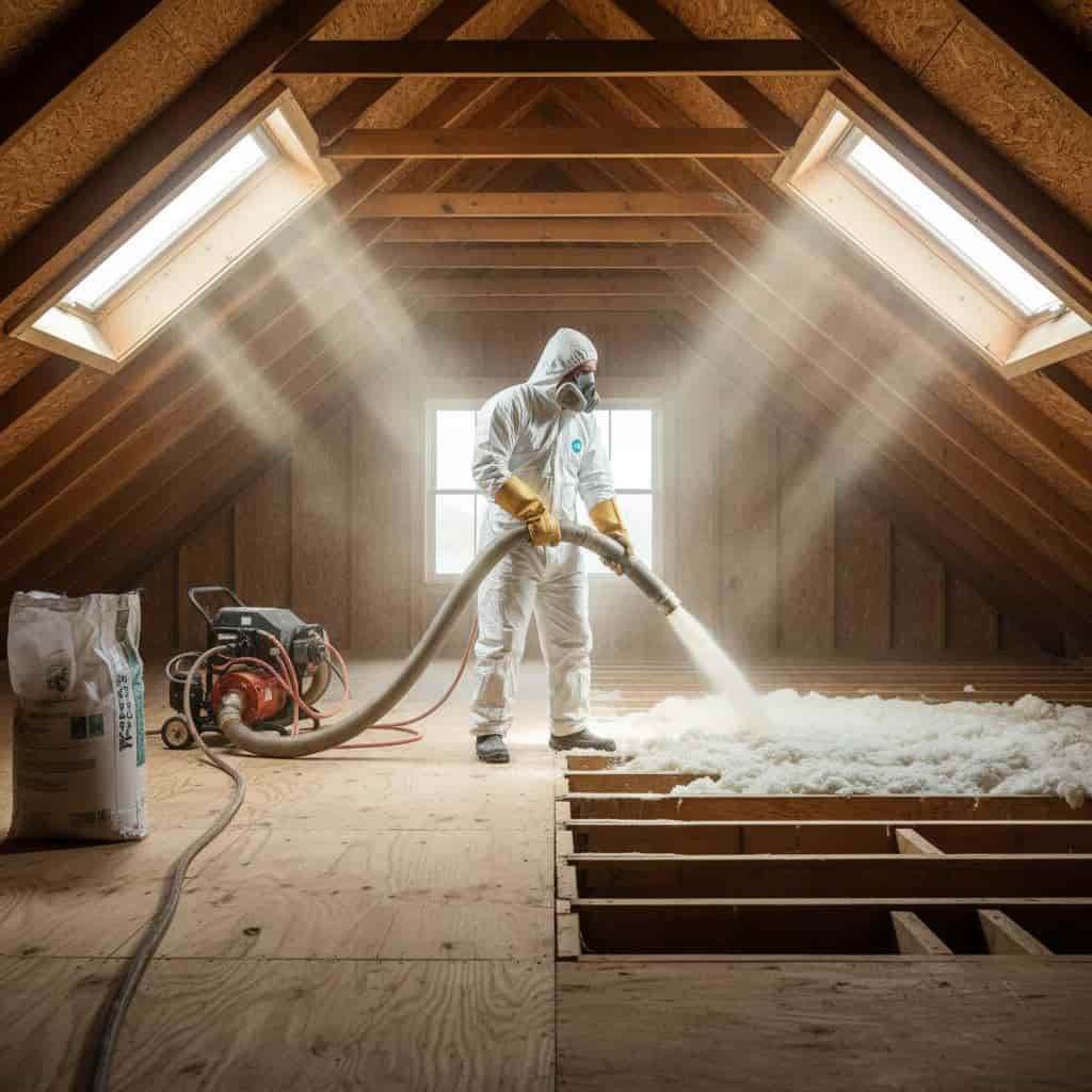A technician in protective gear blowing insulation into an attic floor