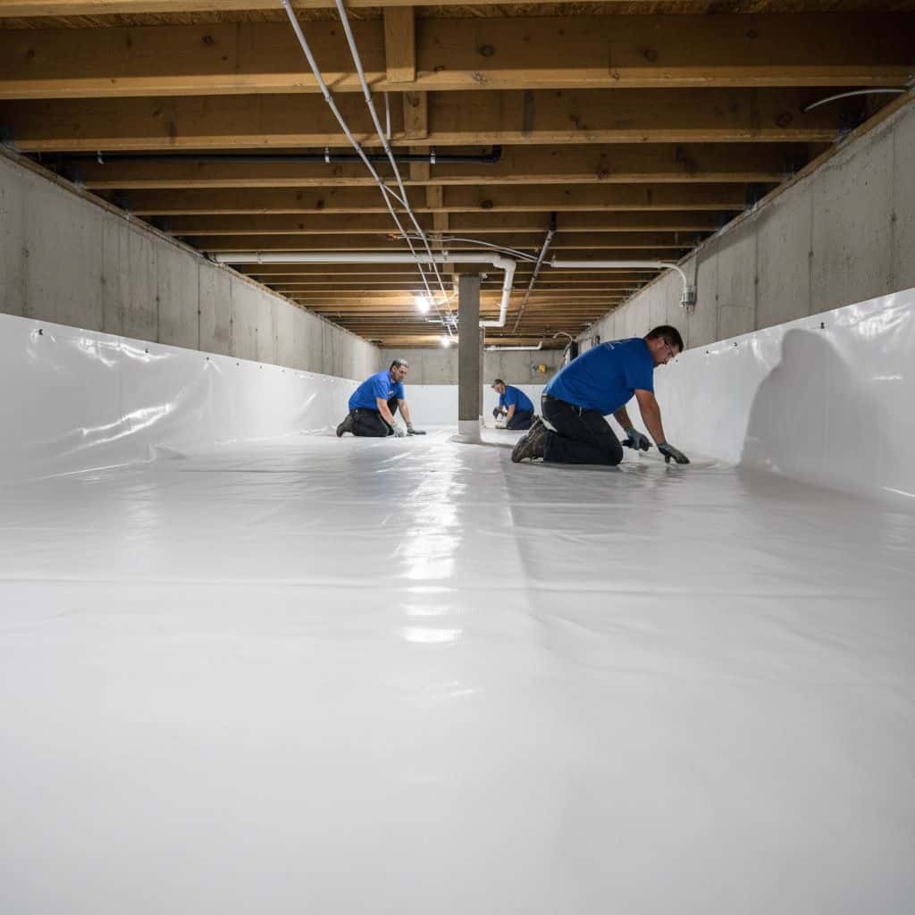 Two workers in blue shirts installing white vapor barrier in a crawl space
