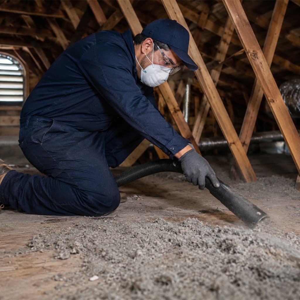 Professional attic cleaning technician vacuuming dust and debris from an attic in Chatsworth, CA.
