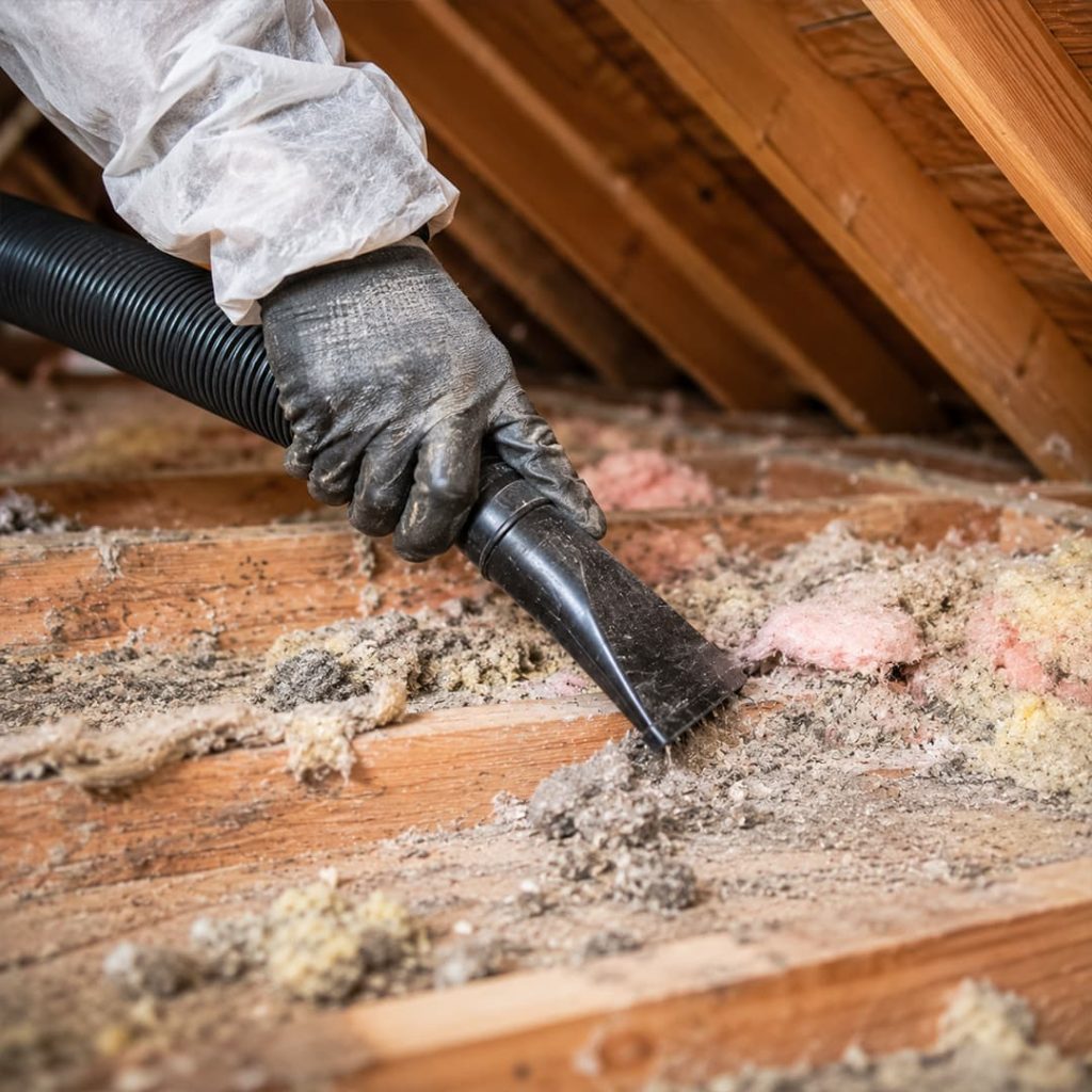 Close-up of an attic cleaning technician vacuuming old insulation and debris in Northridge, CA.