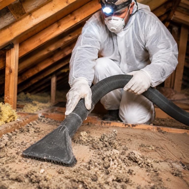 Professional attic cleaning technician vacuuming debris and old insulation in an attic in Northridge, CA.
