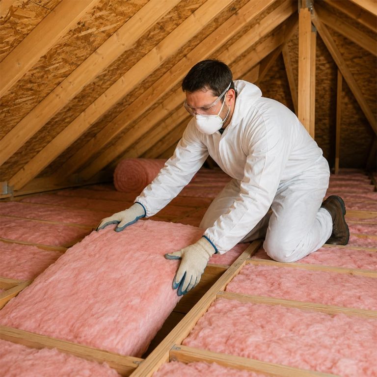 Professional technician installing attic insulation batts in Northridge, CA.