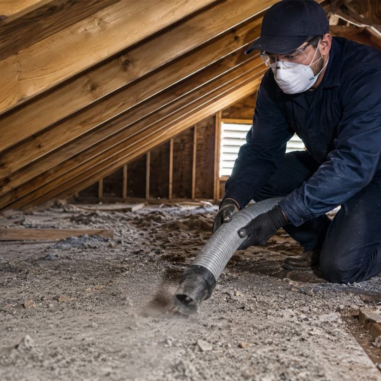 Professional attic cleaning technician using a vacuum hose to remove dust and debris from an attic in Chatsworth, CA.