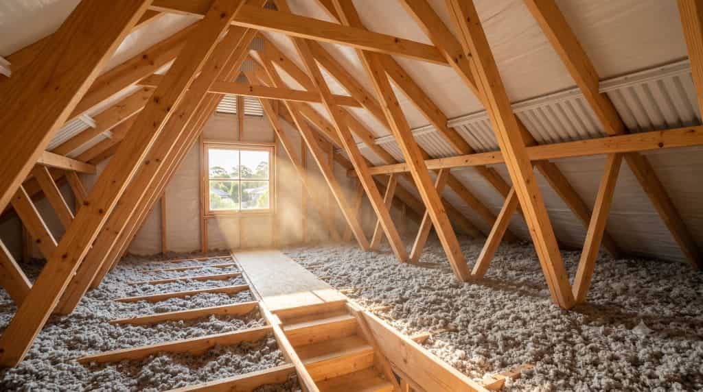 Professional attic insulation installation in Chatsworth, CA with blown-in insulation and energy-efficient attic space by Pure Eco.
