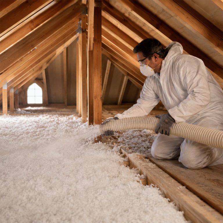 Professional technician installing blown-in insulation inside an attic in Northridge, CA.