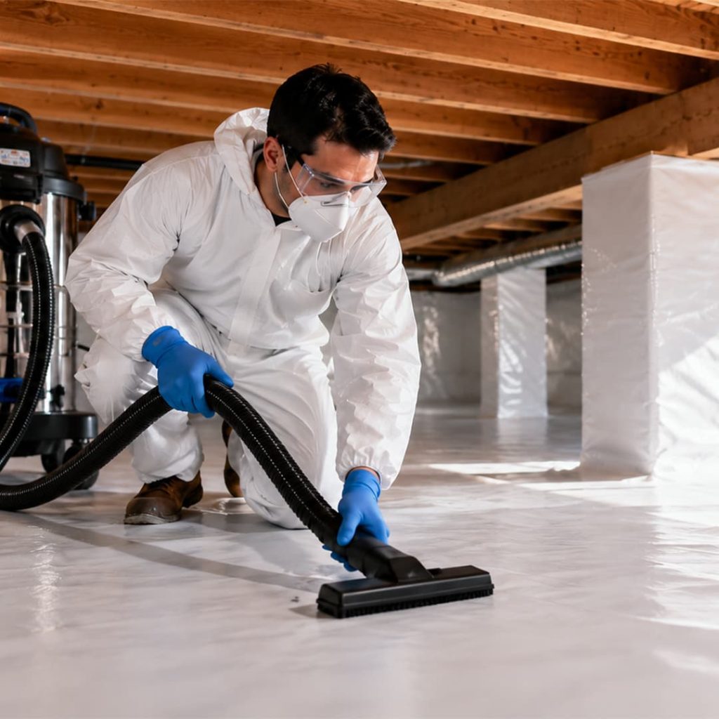 Professional crawl space cleaning technician using an industrial vacuum in a clean encapsulated crawl space in Chatsworth, CA.