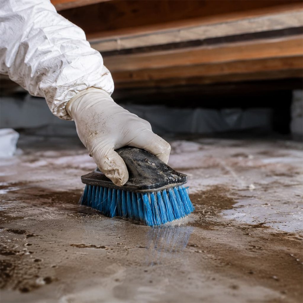 Close-up of a crawl space cleaning technician scrubbing a dirty floor in Northridge, CA.