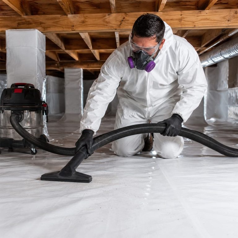 Alt text: Professional crawl space cleaning technician using a vacuum in an encapsulated crawl space in Northridge, CA.