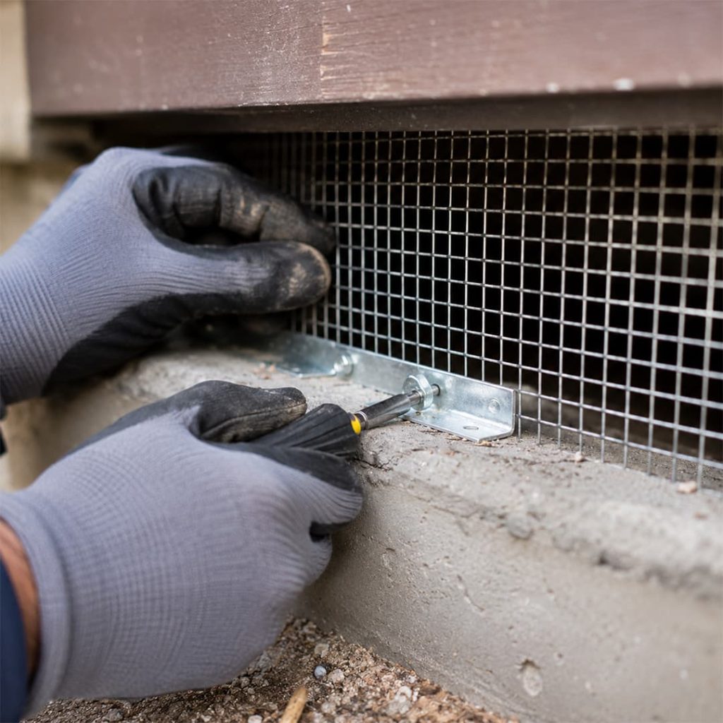 Close-up of rat proofing work with gloved hands securing metal mesh over a crawl space opening in Chatsworth, CA.