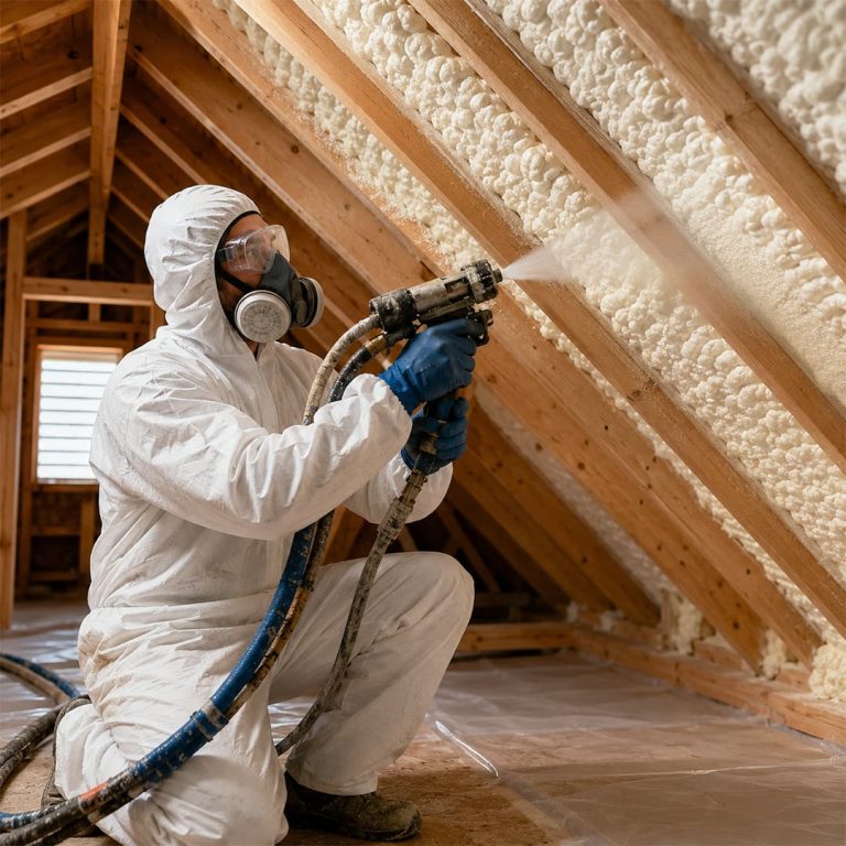 Professional technician applying spray foam insulation inside an attic in Northridge, CA.