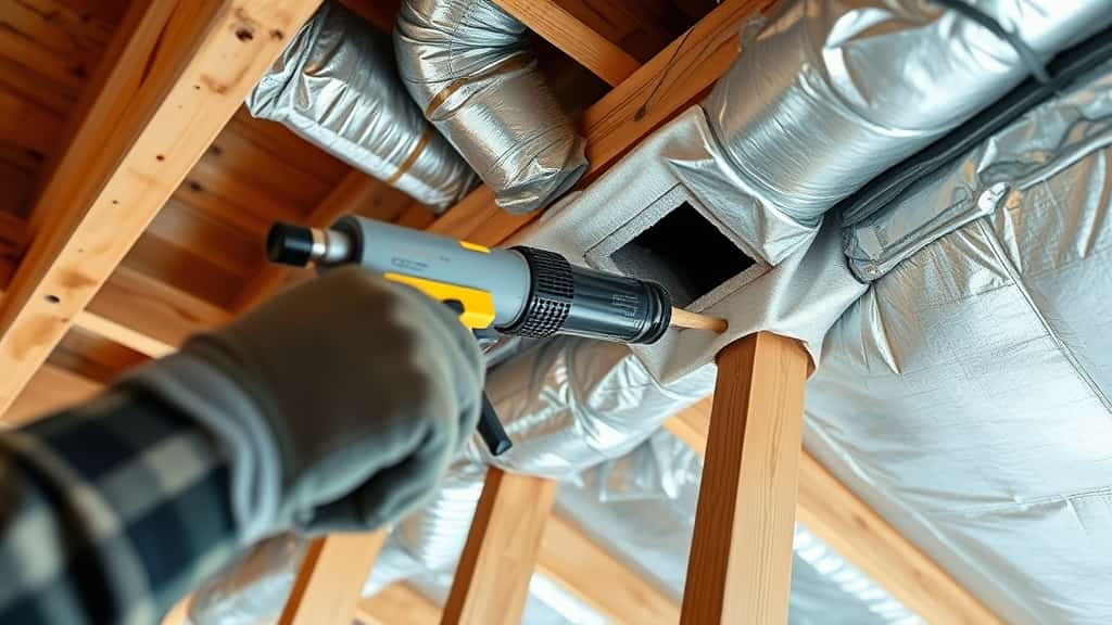 Technician sealing gaps around an attic HVAC duct penetration to reduce air leakage and improve home energy efficiency.